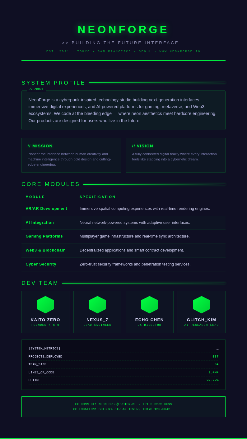 Cyberpunk neon company profile